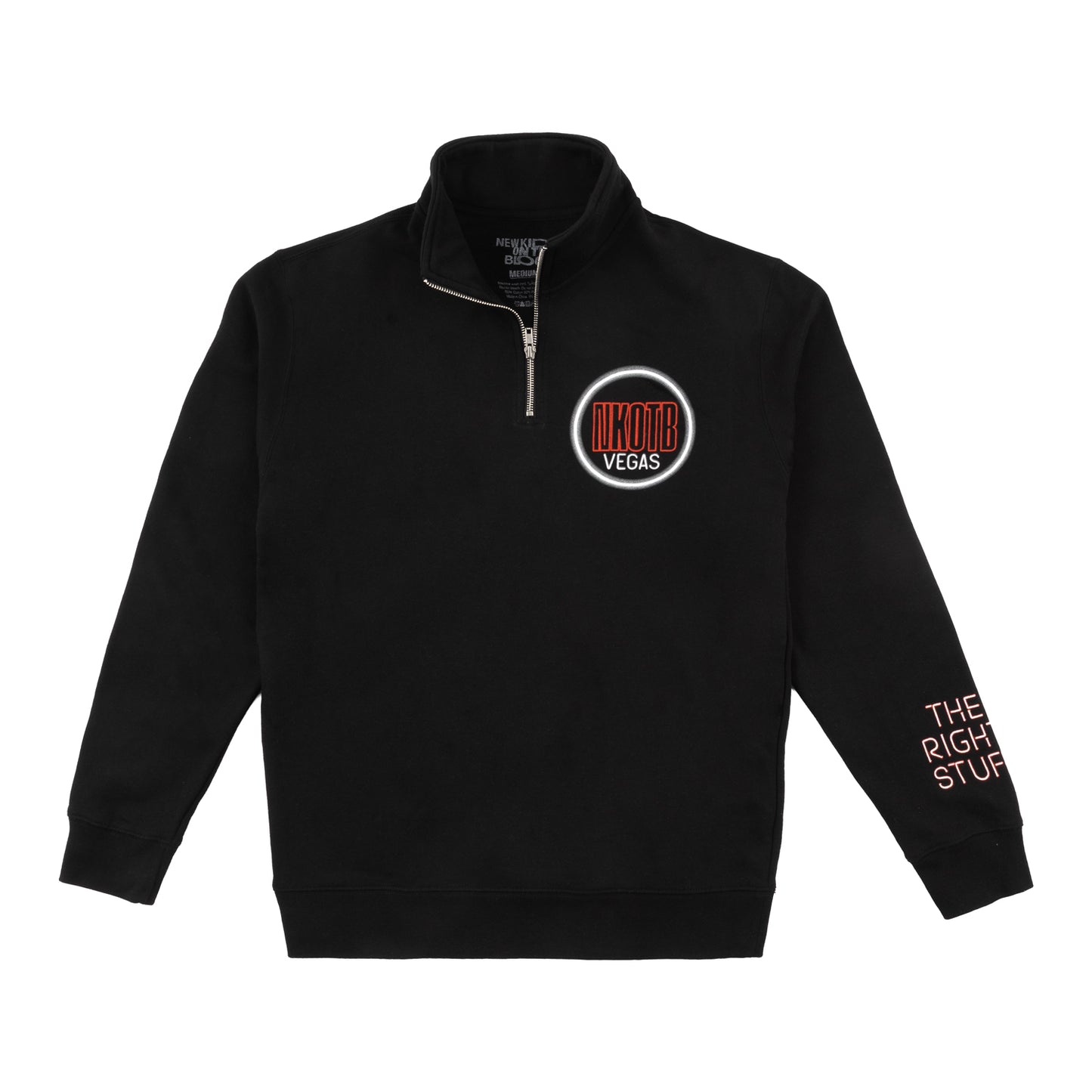 A black quarter-zip sweatshirt with a circular 'NKOTB Vegas' logo on the left chest and 'THE RIGHT STUFF' printed in pink on the right sleeve.