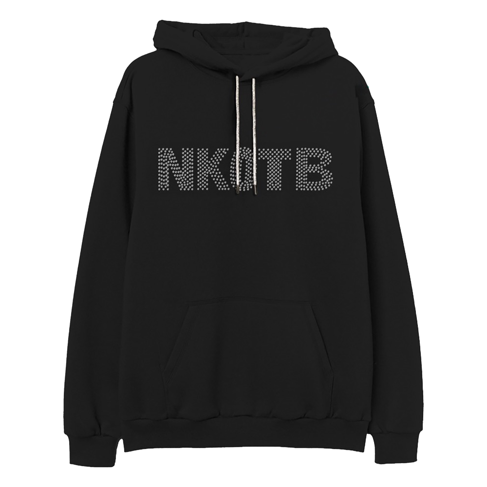 Black hoodie with 'NKOTB' text in rhinestones on the front chest