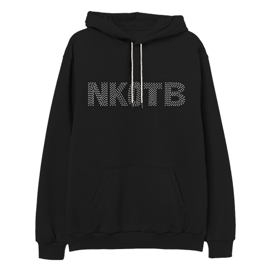 Black hoodie with 'NKOTB' text in rhinestones on the front chest